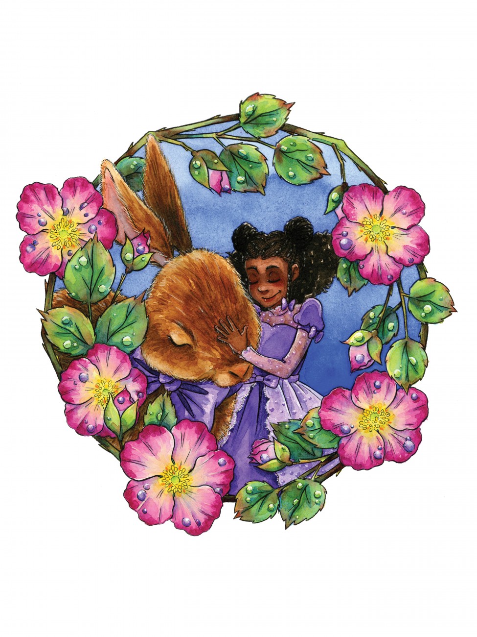 A girl cuddling her pet rabbit, surrounded by a ring of roses.